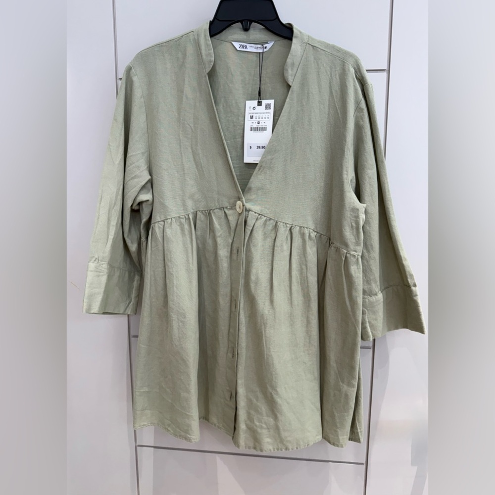 Zara Women's Green Button-Up Oversized Shirt